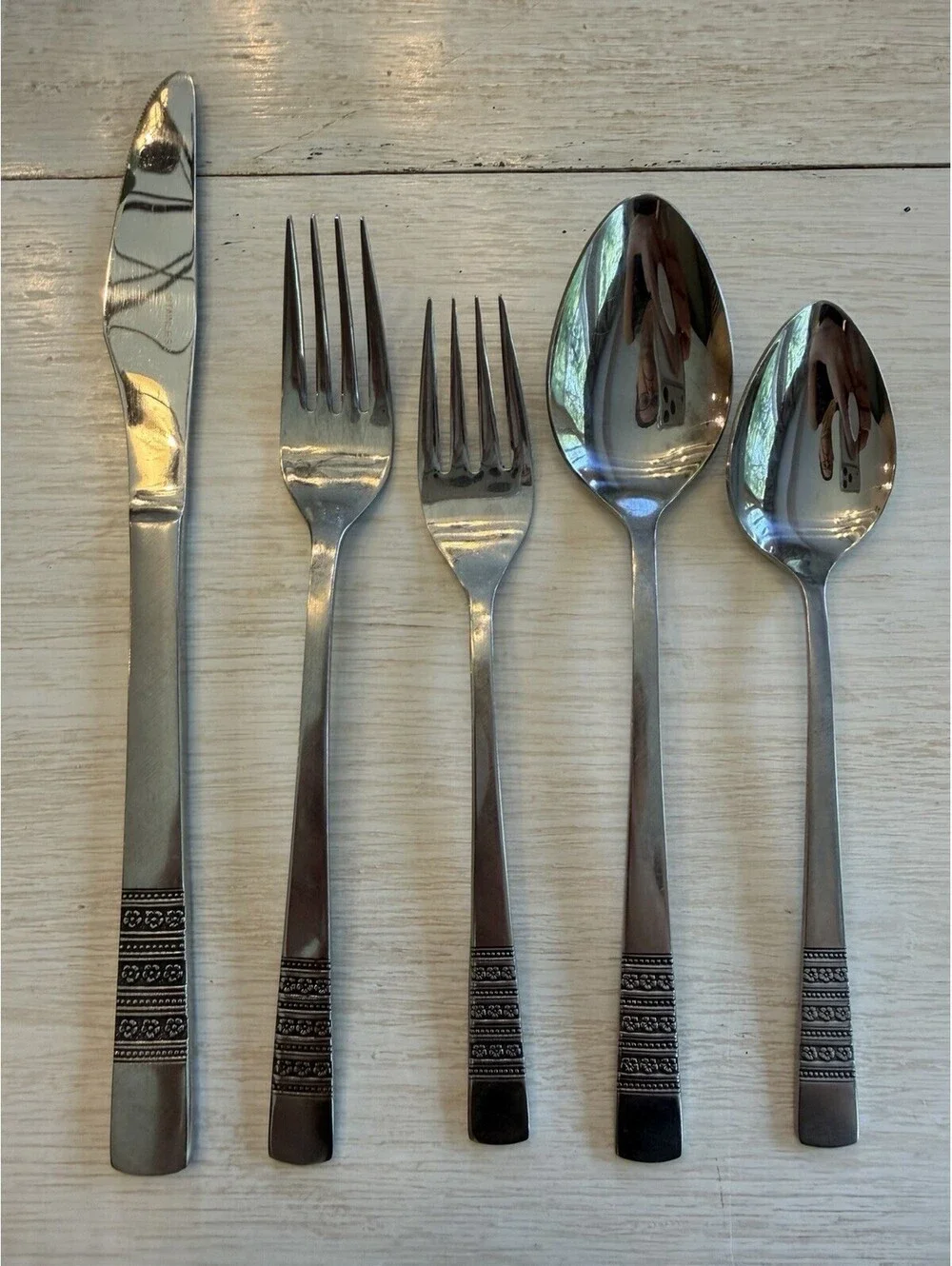 Vtg MCM Imperial International Stainless Steel Flatware Floral Band 60 Pcs Rare